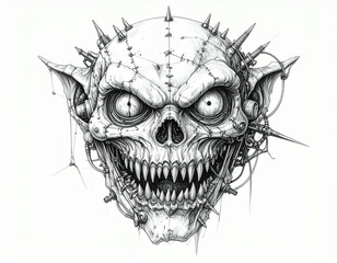 A grotesque, biomechanical skull with pointed ears and menacing grin, rendered in detailed black and white.