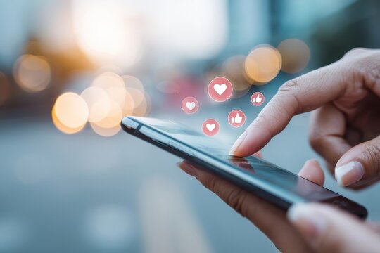 A person uses a smartphone, interacting with floating social media icons like hearts and thumbs up, against a blurred city background - Powered by Adobe