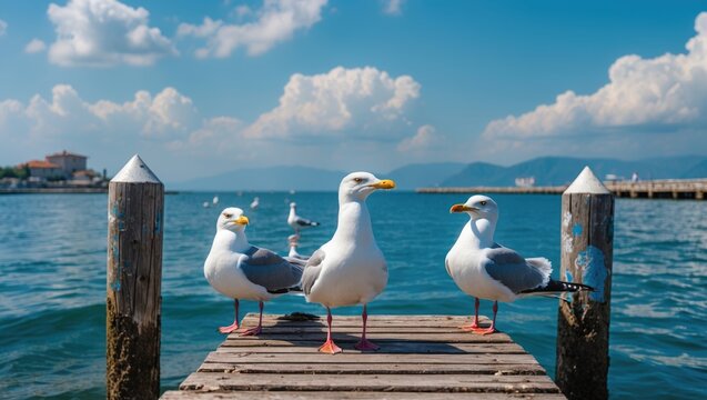 Birds perched on a timber pier along the shoreline. Travel snapshot, wide-angle outdoor scene.