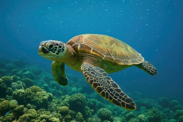 Sea creature navigating colorful coral habitat in pursuit of tiny plankton