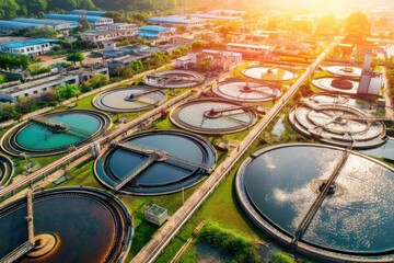 Aerial view of a modern wastewater treatment plant with multiple circular tanks and surrounding industrial buildings at sunrise