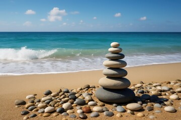 Coastal scene featuring pebbles, artistic elements, and open sky
