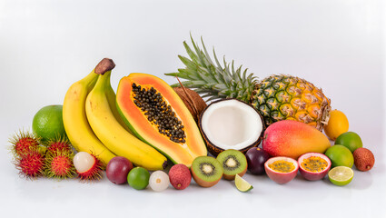 Fresh Tropical Fruits on Isolated White Background