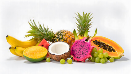 Fresh Tropical Fruits on Isolated White Background