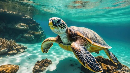 Young turtle exploring vibrant coral reefs in a clear tropical sea