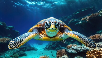 Fototapeta premium Oceanic Habitat Showcasing a Sea Turtle Gliding Over a Vibrant Coral Formation Under Deep Blue Waters