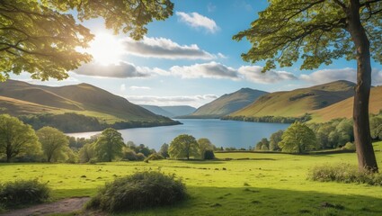 Bright weather scene featuring a peaceful lake nestled among lush Scottish hills