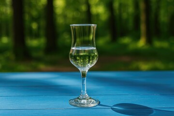 Woodland scene featuring schnapps liquor on a blue surface