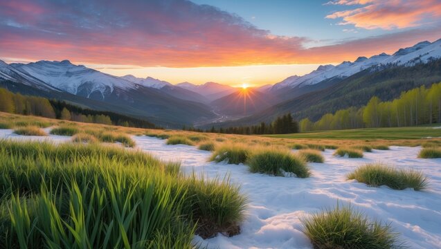 Springtime mountain landscape with a stunning sunset