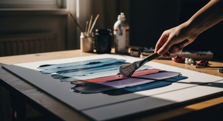 Close-up of a hand applying paint to a canvas.  A palette knife works with shades of blue and red.  Studio setting with art supplies