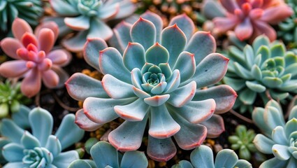 Colorful background design of sempervivum and houseleek succulents showcasing natural beauty