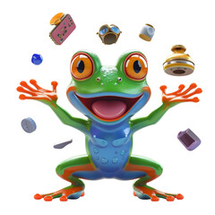 Obraz premium Vibrant Happy Frog With Floating Objects 3D Render