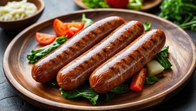 Delicious sausages presented on a rustic wooden board with colorful vegetables at a restaurant