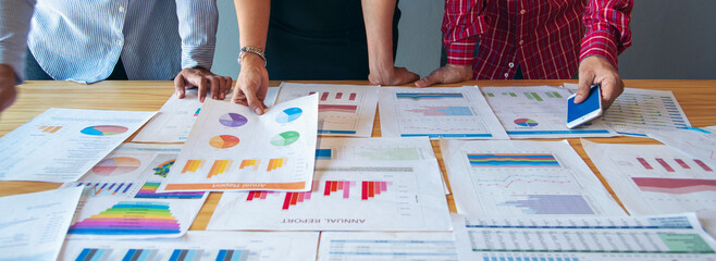 Banner Business strategy team report chart, graph, infographic data analyze financial report plan. Banner Hands team partner planning market finance statistics sale excel spreadsheet with copy space