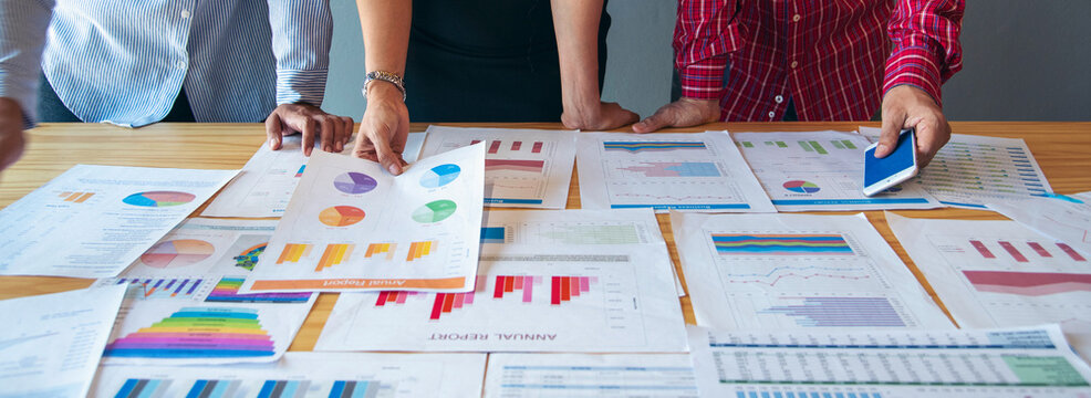 Banner Business strategy team report chart, graph, infographic data analyze financial report plan. Banner Hands team partner planning market finance statistics sale excel spreadsheet with copy space