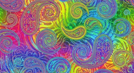 Colorful Psychedelic Paisley Pattern with Swirling Designs on Bright Rainbow Background