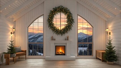 Modern color winter cabin interior featuring glowing fireplace, twinkling Christmas lights, wooden furniture, and pine garlands, with panoramic window view of snowy mountains under radiant sunse