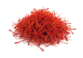 Naklejka premium A vibrant pile of saffron threads, showcasing their intense red color on a white background