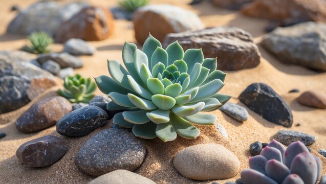 A collection of succulent echeveria and lau stones set against a sandy background