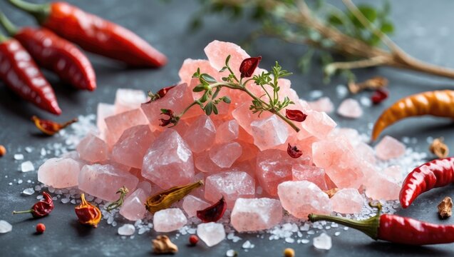 Exotic salt featuring pink Himalayan crystals paired with dried chili seeds and herbs in culinary use - Powered by Adobe
