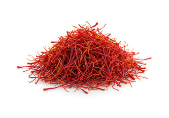 Fototapeta premium A close up shot of a pile of vibrant red saffron threads on a clean white background surface