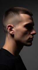 Fototapeta premium Profile of a Man with a Buzz Cut Hairstyle Against a Grey Background