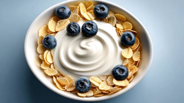 Blueberries and cornflakes swirling in creamy yogurt bowl from above