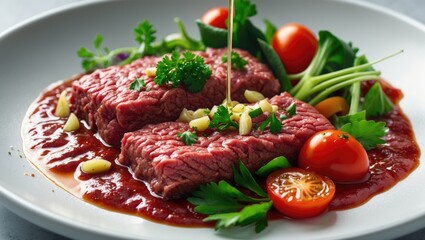 Raw ground meat packaged in plastic alongside sauce and garlic