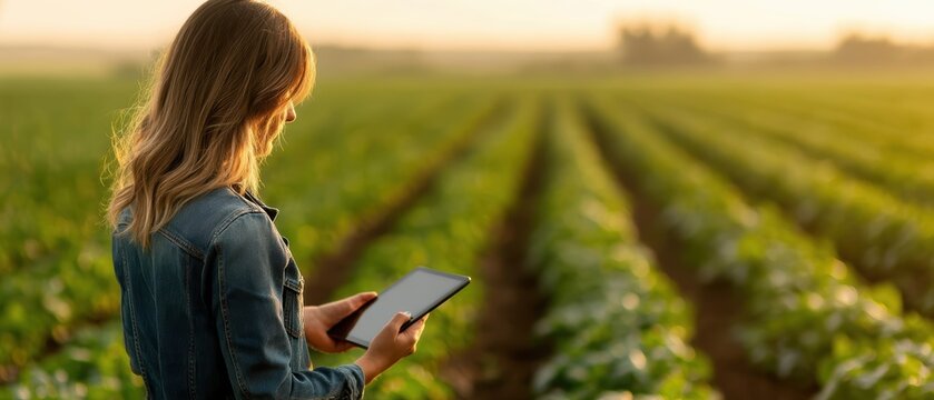 A woman stands in a field at sunset, using a tablet to monitor crops, highlighting modern technology in agriculture