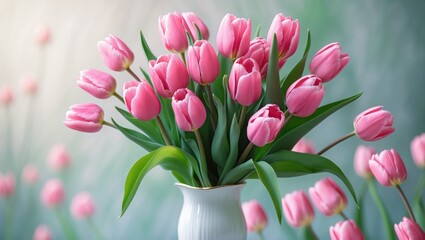 Fototapeta premium Pink tulip bouquet displayed in a vase