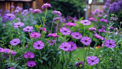 Obraz premium A charming oval house with purple hues is surrounded by naturally growing plants in the yard