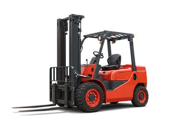 A vibrant orange forklift with black accents isolated on a clean white background image view