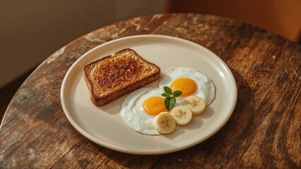 Eggs, fried toast, and bananas served for breakfast