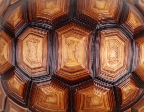 Detailed close-up of a tortoise shell showing the natural geometric patterns and rich brown textures of the carapace