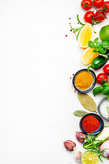 Food and spice background with herbs, turmeric, dried herbs, chili powder and kitchen utensils, white table, top view