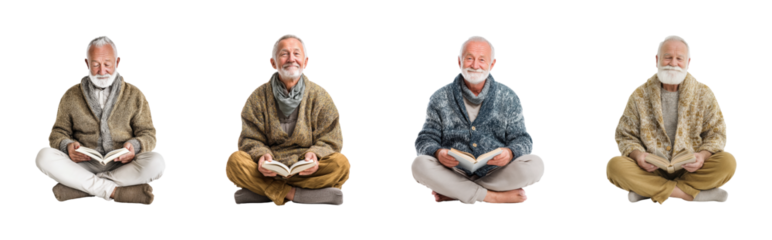 Meditative reading practice space lifestyle portraits calm environment PNG set, cut out, isolated on transparent background
