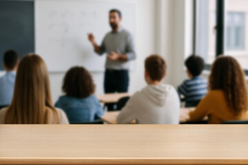Empty wood table top Teacher Giving Lesson in Modern Classroom Background. Blurred Students Sitting at Desks. Academic Lecture, Blackboard. Back to School Concept. For display or montage your products