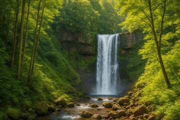 Naklejka premium Discover the stunning Tateshina Otaki Falls situated on the popular Venus Line highway, a scenic drive in Japan