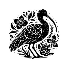Fototapeta premium Elegant ibis bird with floral ornament isolated on white background