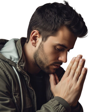 Man praying with hands clasped isolated on transparent background