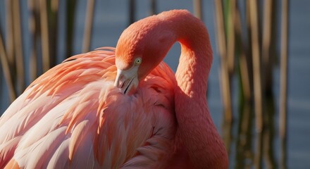 Close-up of a vibrant pink flamingo preening its feathers by a water's edge