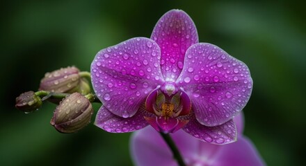 Obraz premium Close-up of a vibrant purple orchid with water droplets