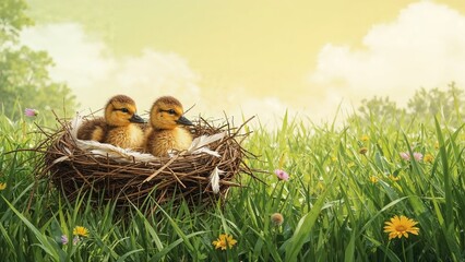 Three mallard ducklings resting in their nest generated by AI tools
