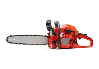 Fototapeta premium A red and gray chainsaw lying on its side with a white background in a studio shot view