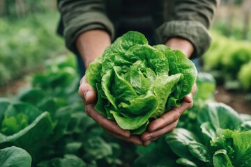 Fototapeta premium A person holds a freshly harvested green lettuce in their hands, surrounded by lush lettuce plants in a garden or farm