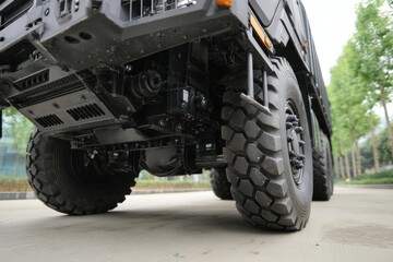 Close-up view of a large off-road truck's undercarriage and rugged tires, parked on a paved road with trees in the background