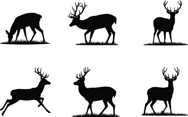PrSilhouette illustrations of deer in various poses, grazing, standing, running, perfect for wildlife art, nature design, outdoor-themed projectsint