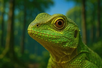 Detailed view of a lizard's head among wild creatures