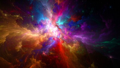 Fototapeta premium Cosmic-inspired abstract art with swirling color clouds and glowing paint bursts