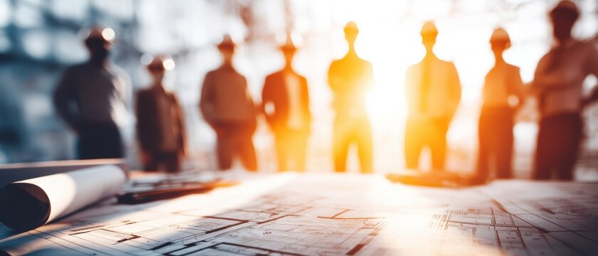 A group of engineers or architects stands in sunlight behind blueprints and construction plans on a table